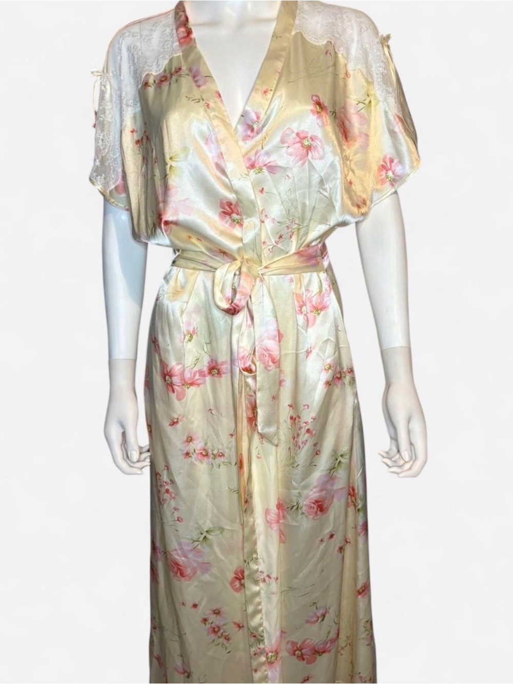 Oscar de la Renta Cream/Yellow Floral Satin Robe